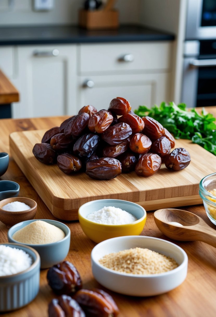 A kitchen counter with a pile of fresh dates, a cutting board, and various ingredients for making date recipes