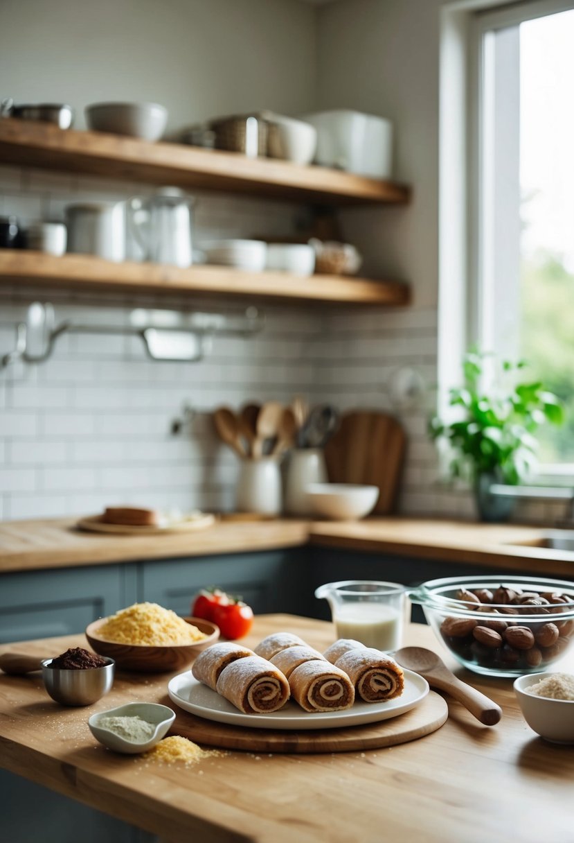 A kitchen counter with ingredients and utensils for making date rolls