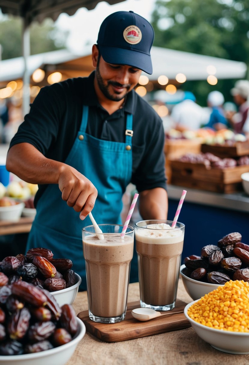 A rustic outdoor market with a vendor blending date shakes surrounded by piles of fresh dates and recipe ingredients