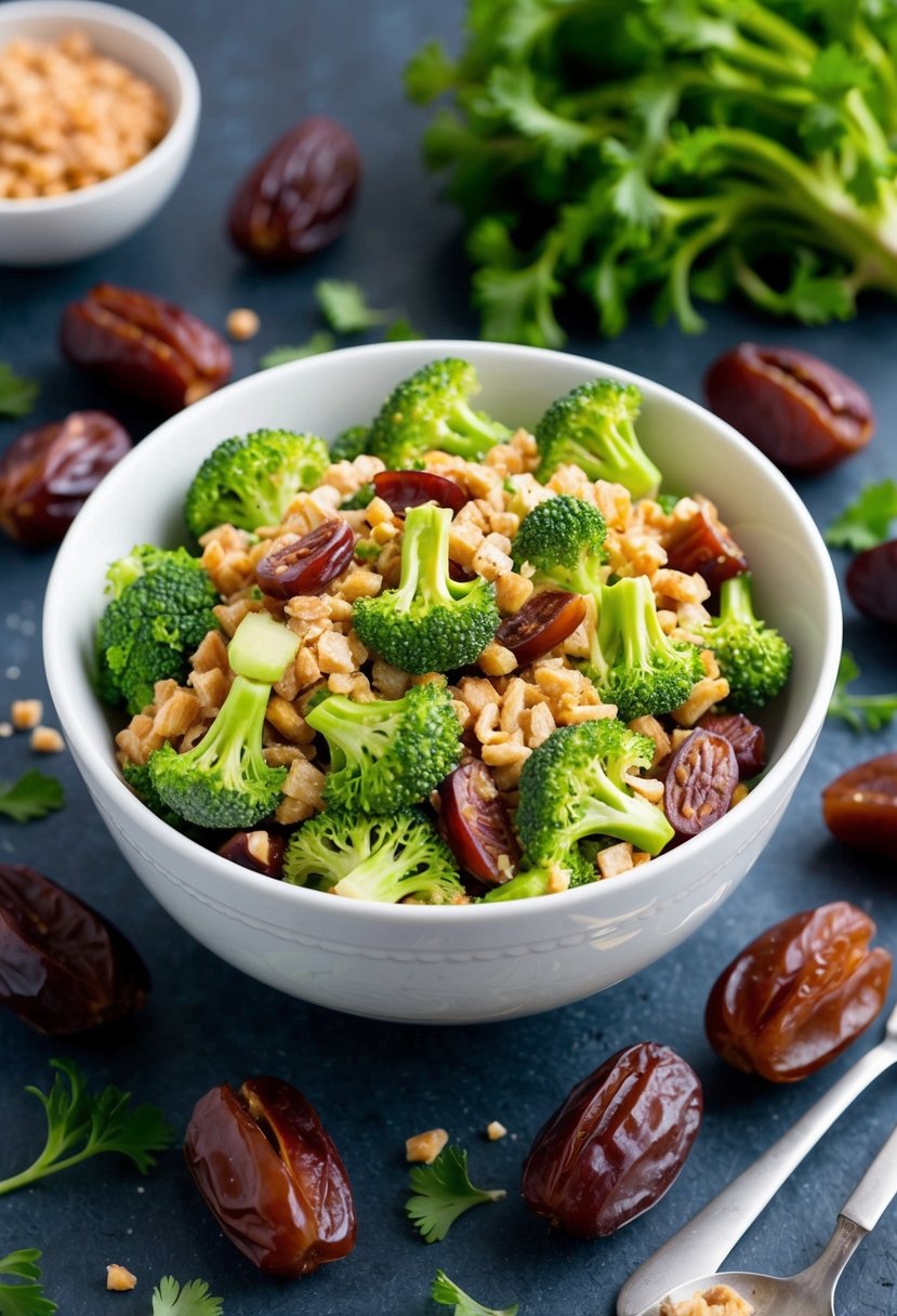 A bowl of broccoli date crunch salad surrounded by fresh dates and ingredients