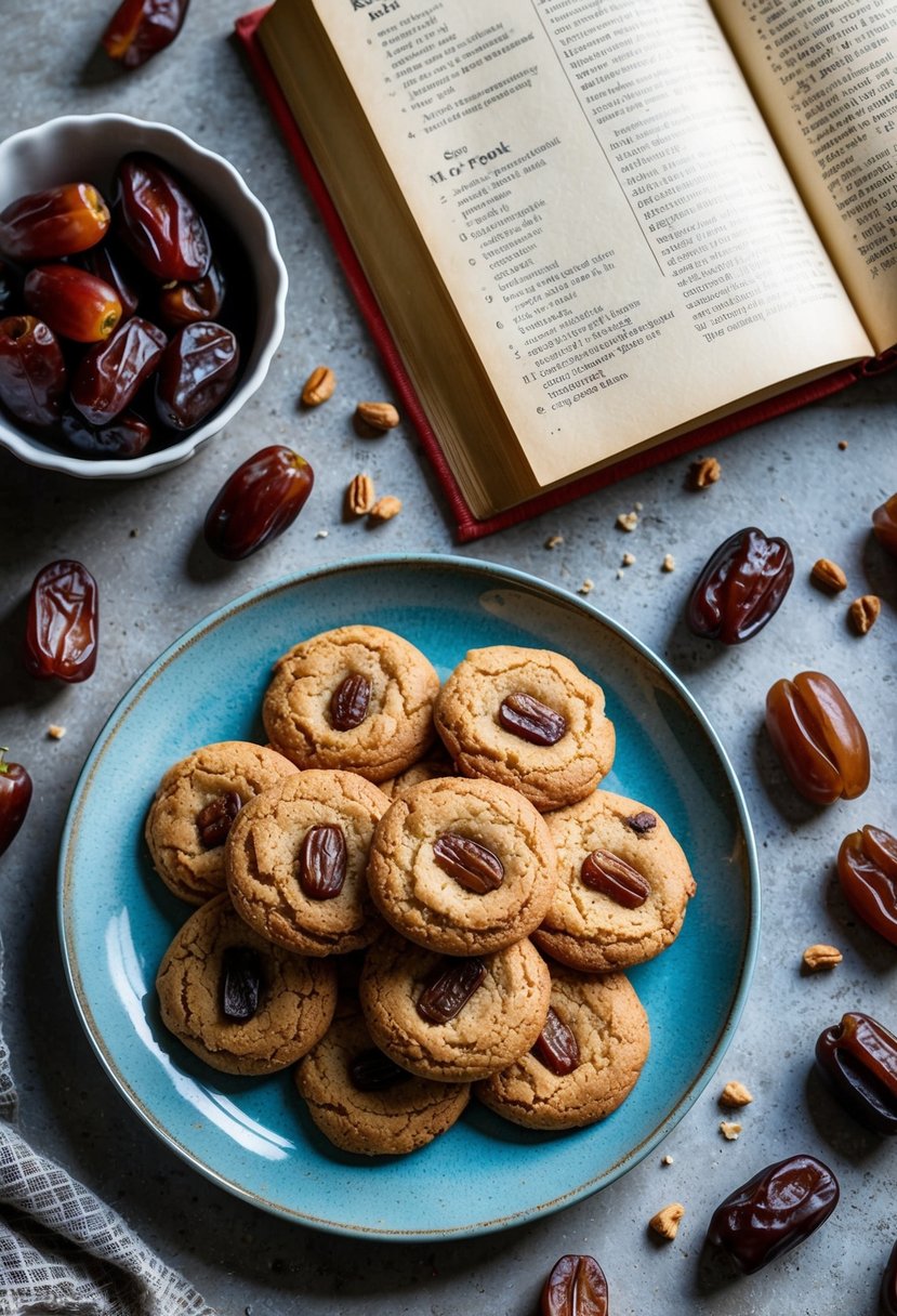 A rustic kitchen table with a plate of freshly baked date cookies surrounded by scattered dates and a vintage recipe book open to a page on date recipes