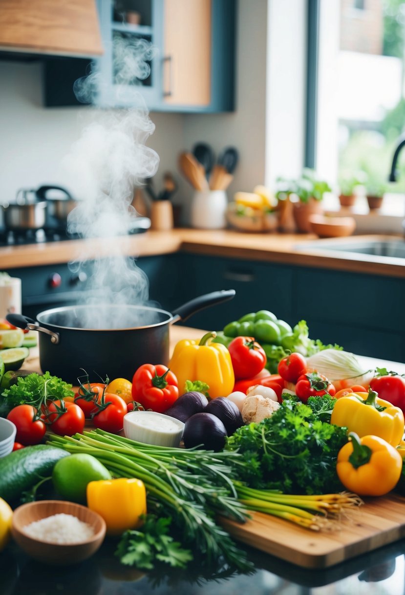 A colorful array of fresh ingredients and cooking utensils spread out on a kitchen counter, with steam rising from a pot on the stove