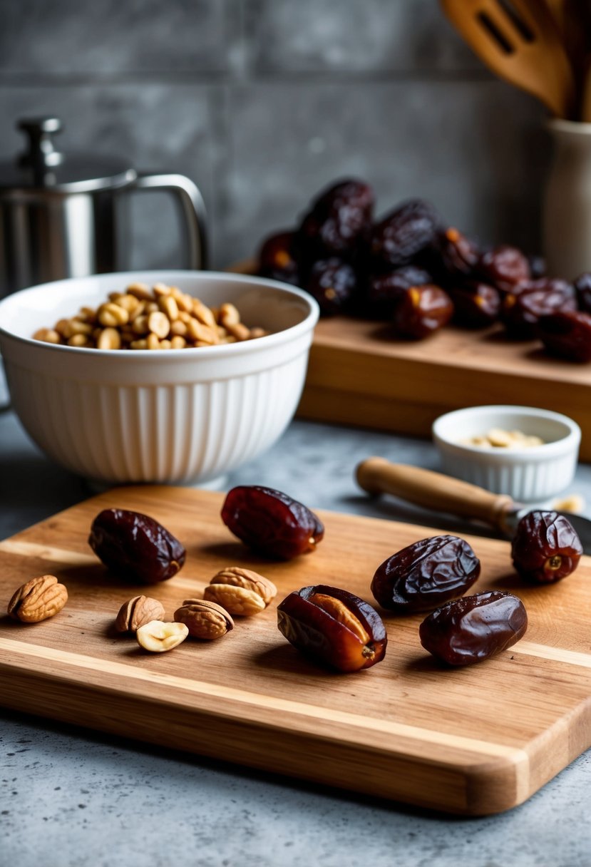 A rustic kitchen counter with a wooden cutting board, dates, nuts, and a mixing bowl for making date bars