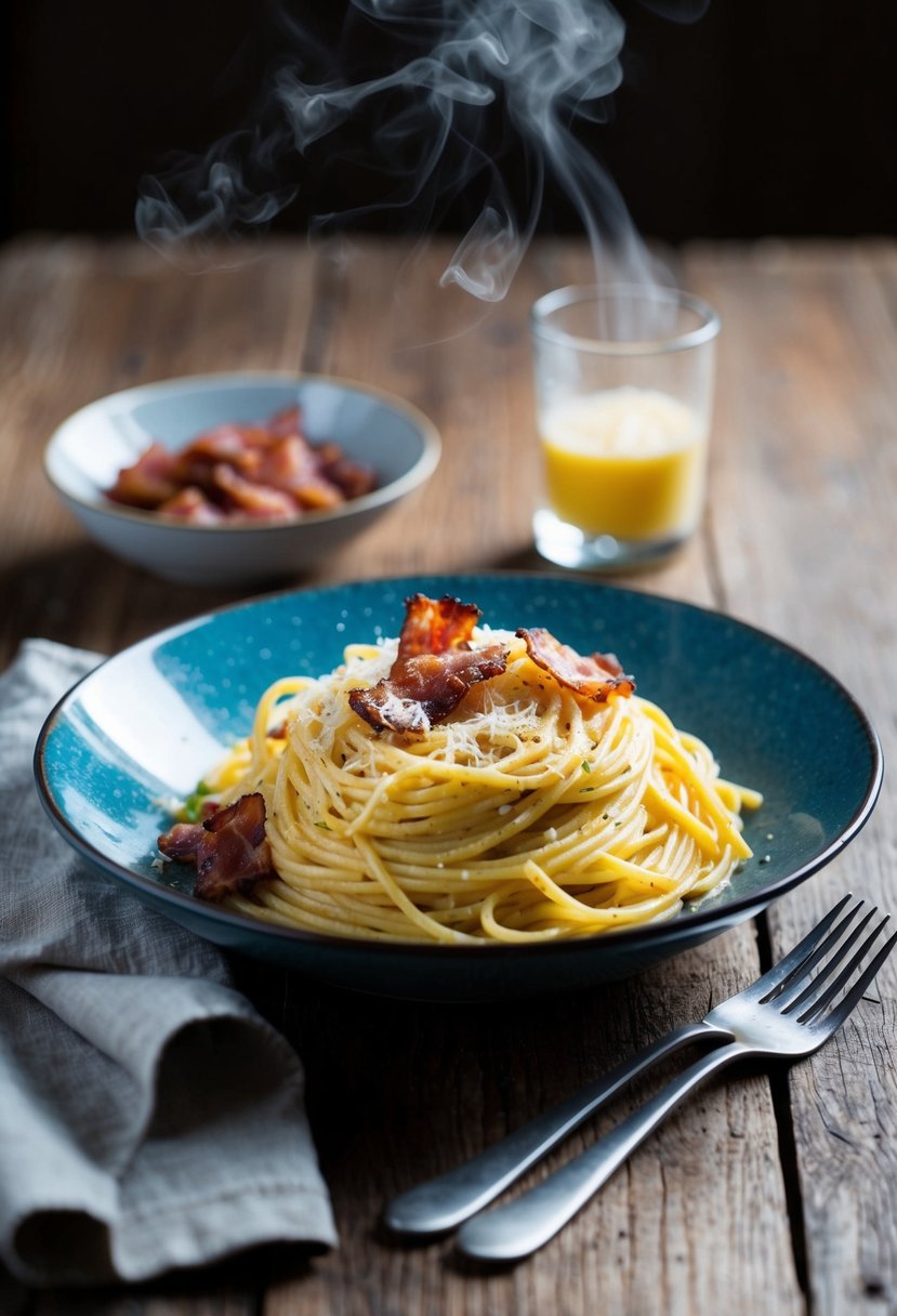 A steaming plate of spaghetti carbonara, garnished with crispy bacon and freshly grated cheese, sits on a rustic wooden table