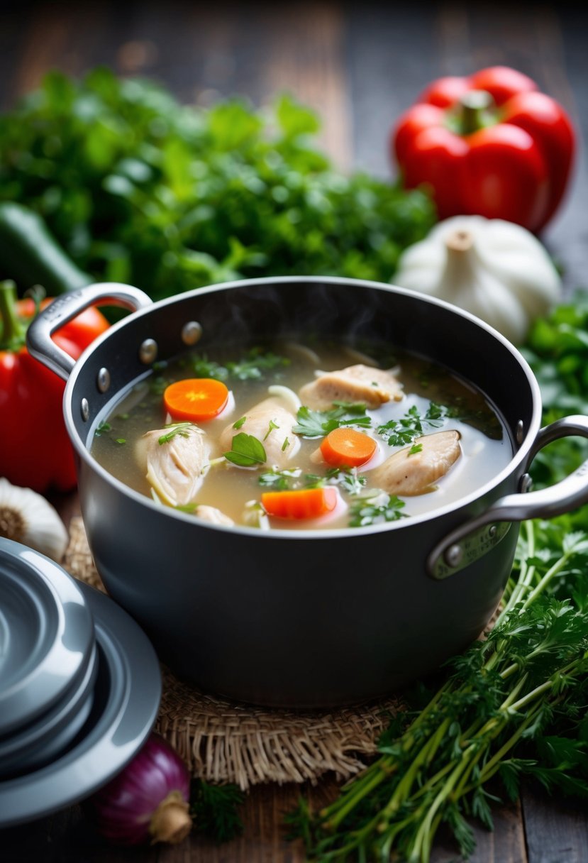 A pot of simmering chicken broth surrounded by fresh herbs and vegetables