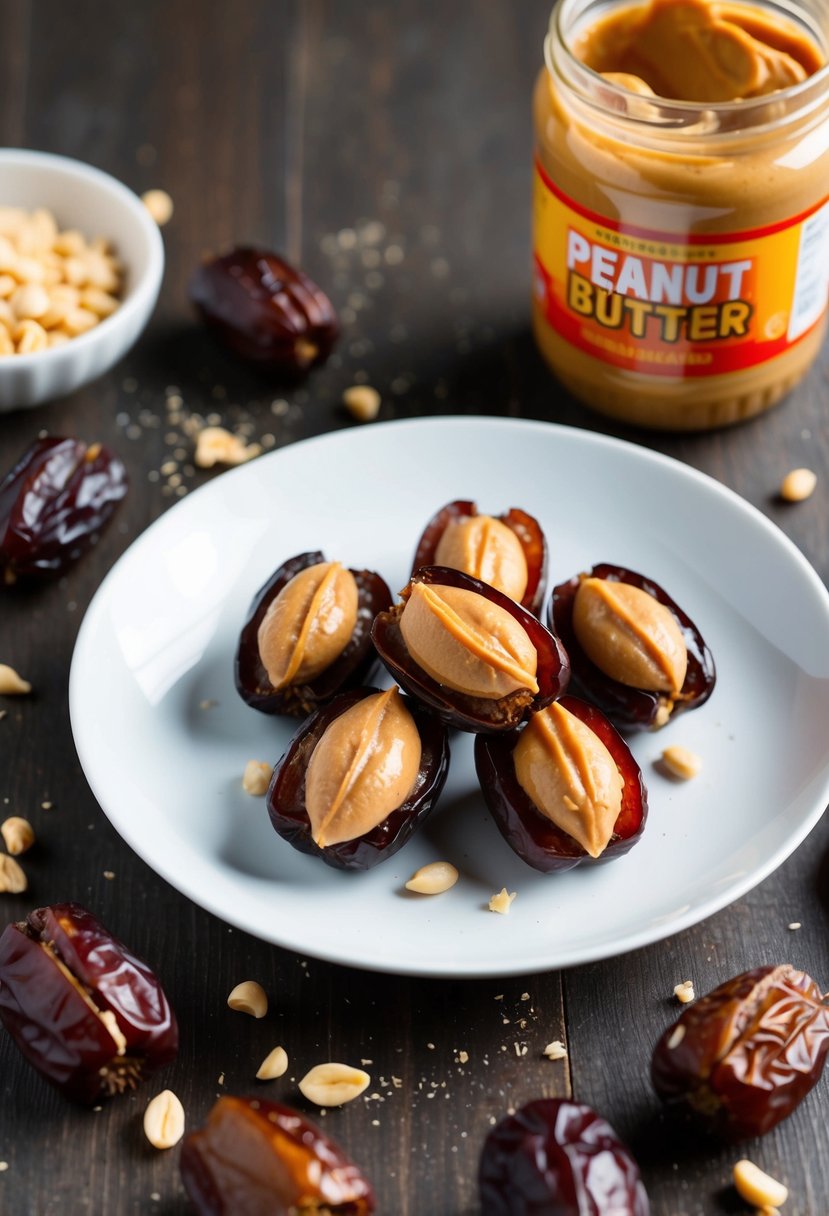 A plate of stuffed dates with peanut butter, surrounded by scattered ingredients and a jar of peanut butter