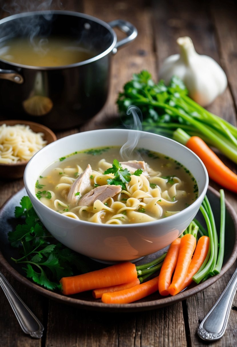 A steaming bowl of chicken noodle soup sits on a rustic wooden table, surrounded by fresh vegetables and a pot of simmering chicken broth