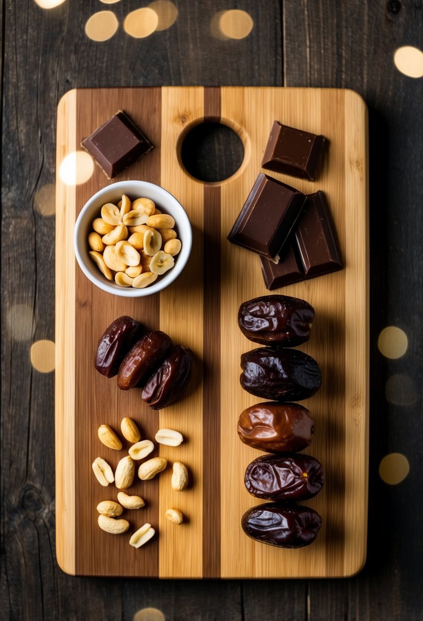 A wooden cutting board with dates, peanuts, and chocolate arranged for a recipe illustration