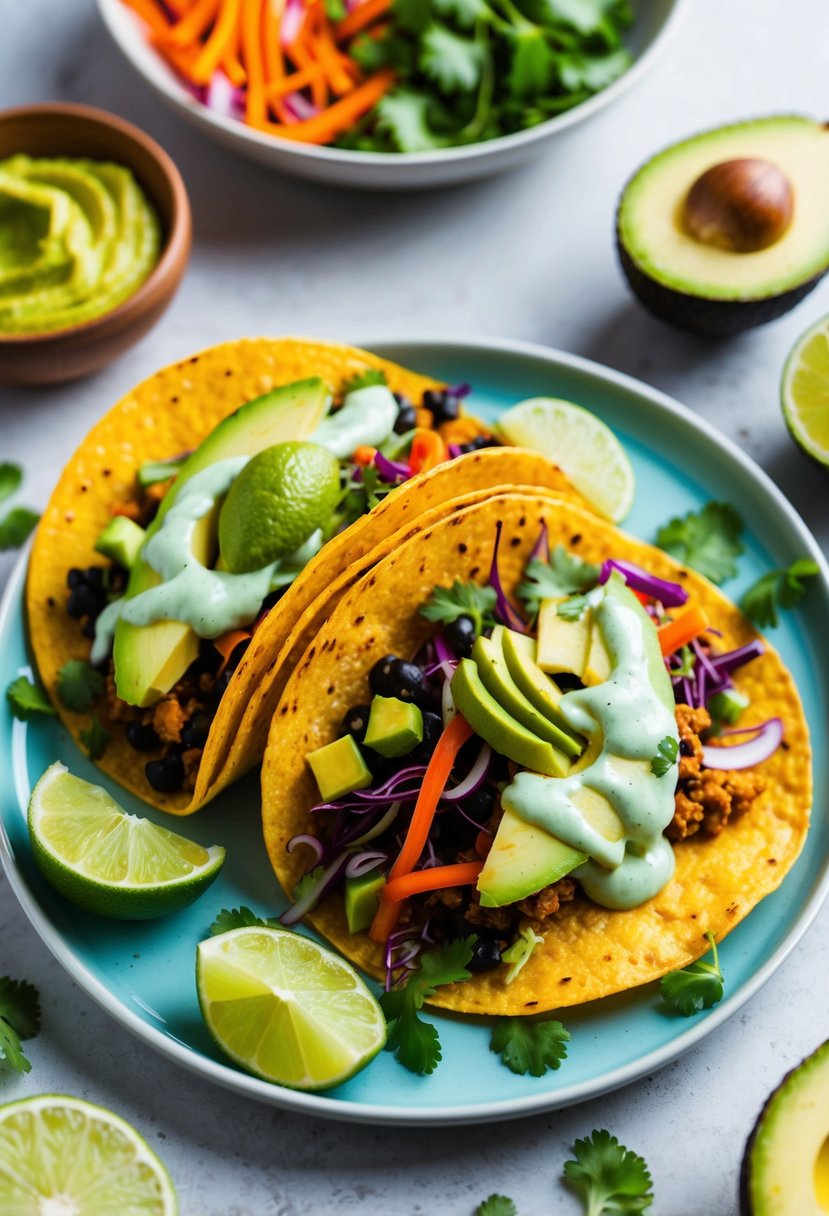 A plate of vibrant vegan tacos with avocado lime sauce, surrounded by fresh ingredients and colorful garnishes