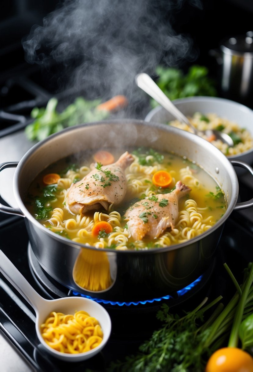 A steaming pot of Rotisserie Chicken Noodle Soup simmers on the stove, surrounded by fresh vegetables and herbs, with a bowl and spoon ready for serving