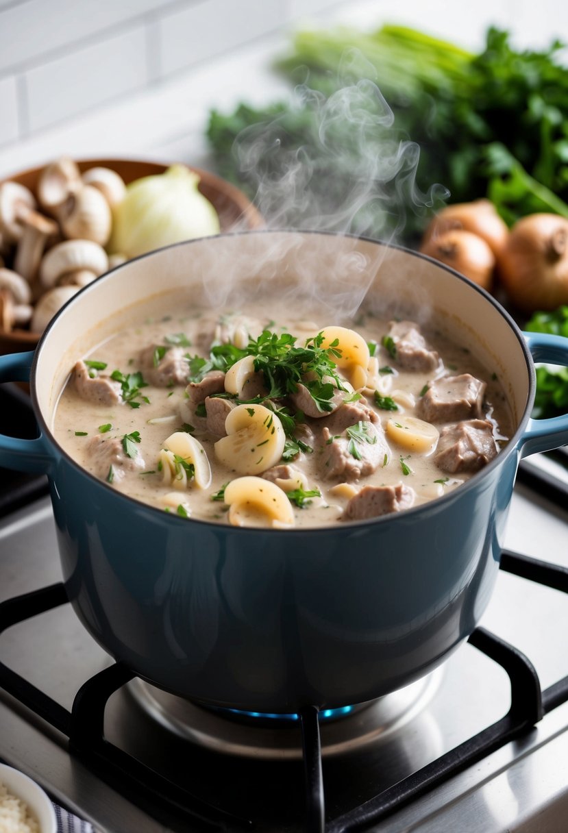 A steaming pot of creamy beef stroganoff simmering on a stove, surrounded by fresh ingredients like mushrooms, onions, and herbs