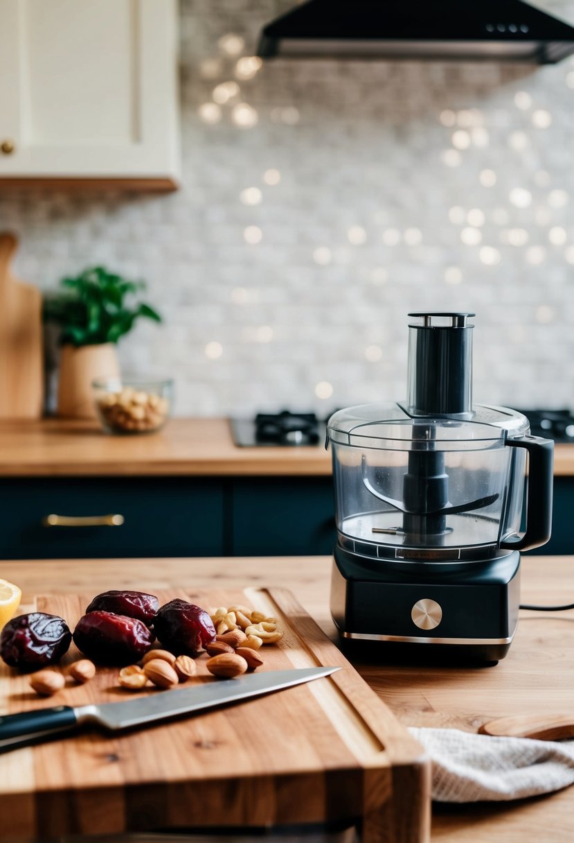 A kitchen counter with a cutting board, dates, nuts, and a food processor