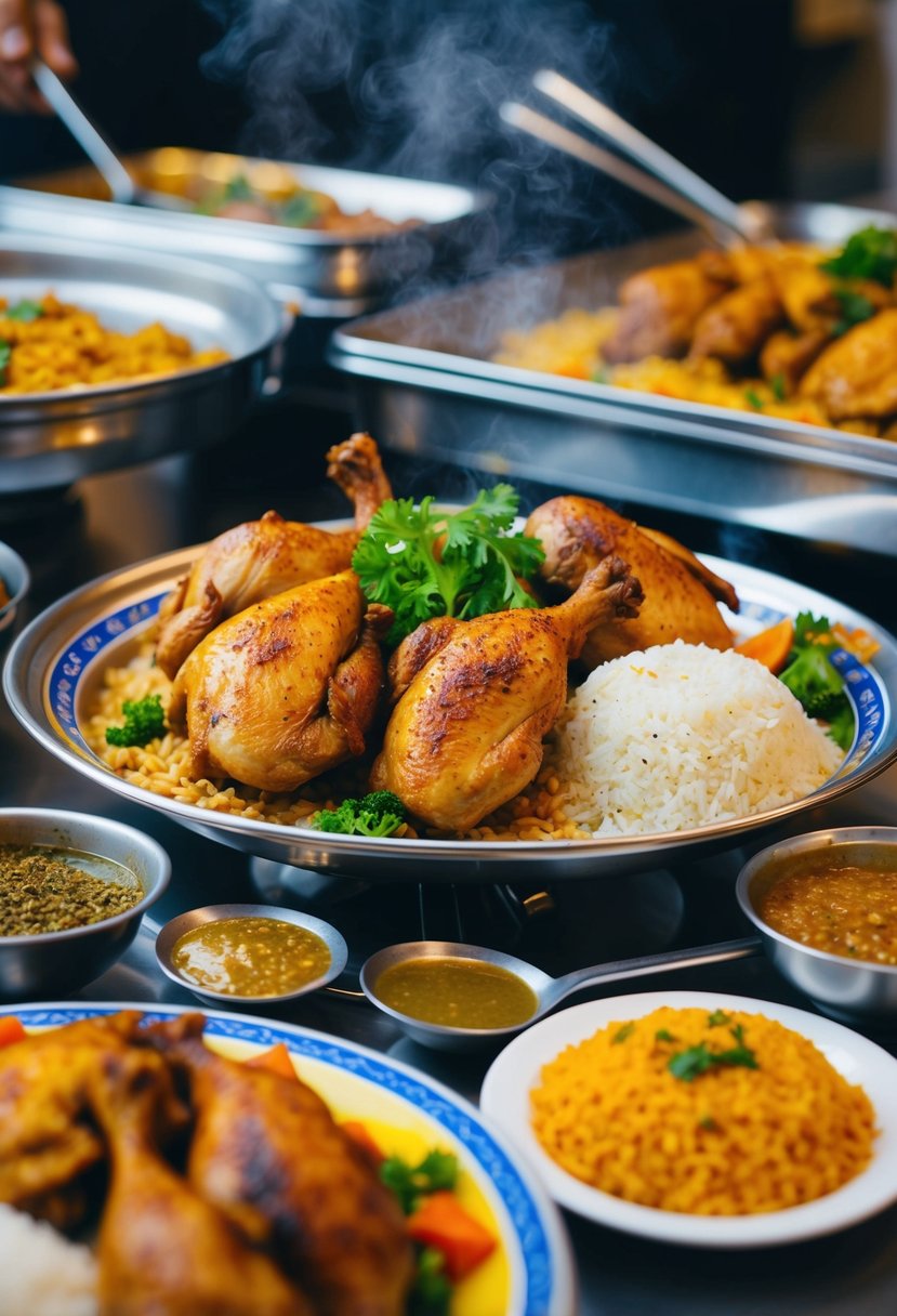 A steaming platter of halal cart chicken and rice with vibrant colors and aromatic spices