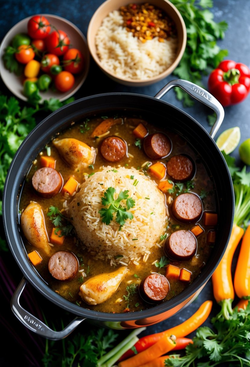 A large pot simmering with chicken, sausage, and rice in a flavorful broth, surrounded by colorful vegetables and aromatic spices