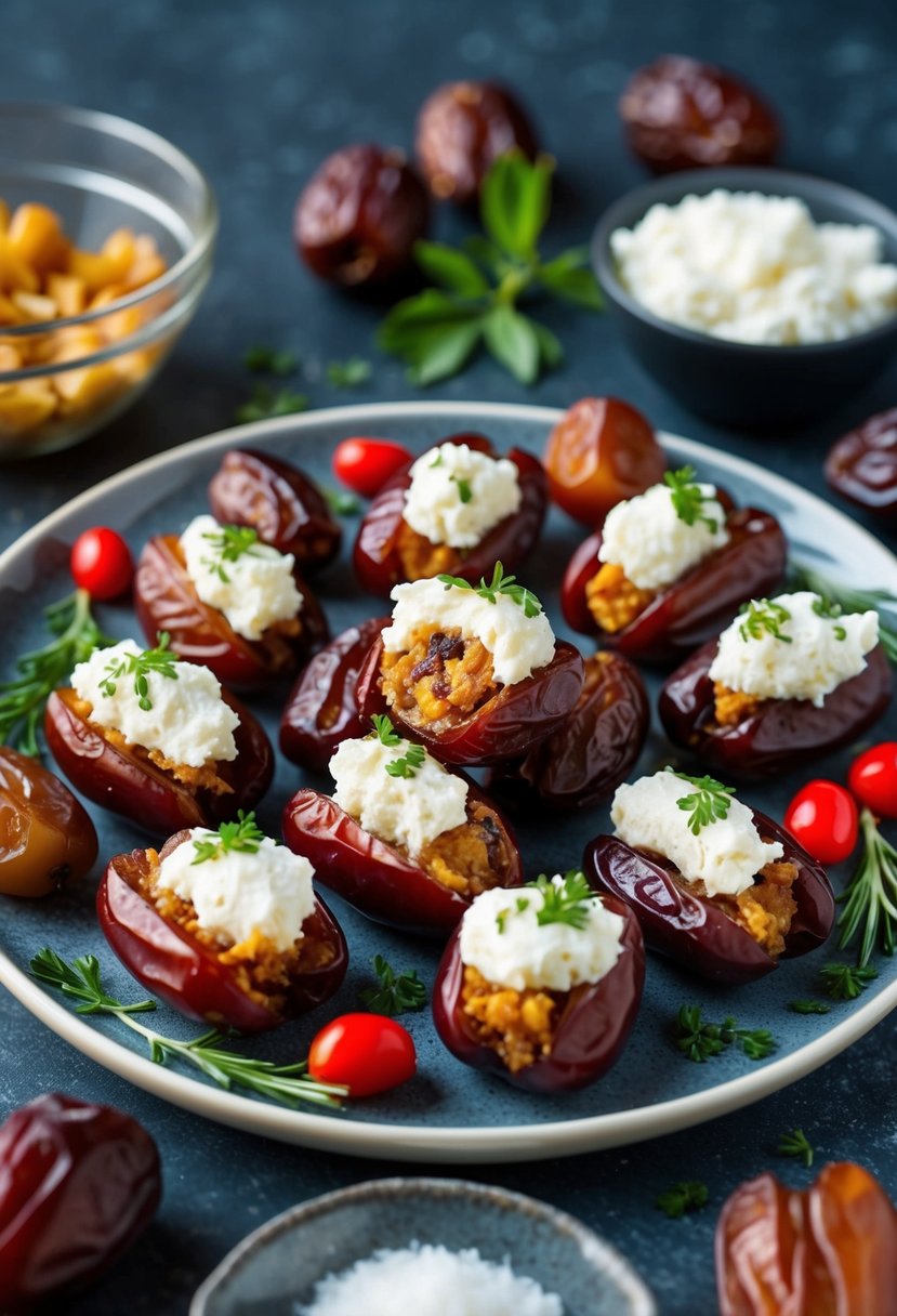 A platter of goat cheese stuffed dates surrounded by fresh dates and ingredients