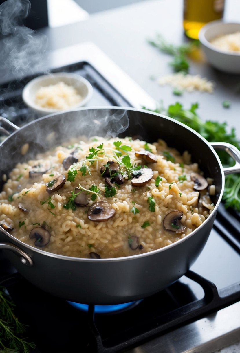 A steaming pot of creamy mushroom risotto bubbling on a stovetop, surrounded by fresh herbs and a scattering of parmesan cheese