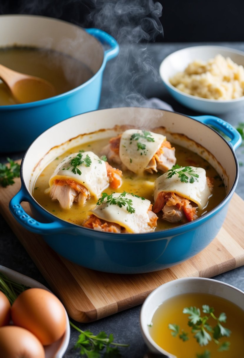 A steaming casserole dish filled with Chicken Cordon Bleu, surrounded by ingredients and a bowl of chicken broth