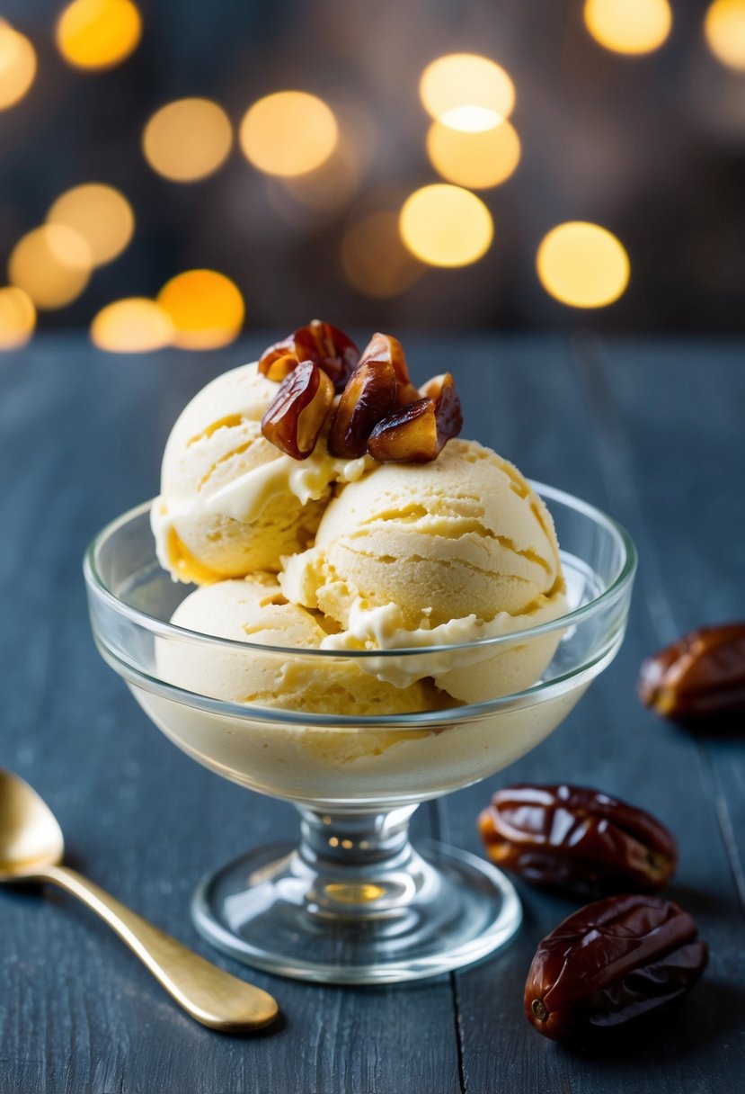 A scoop of olive oil and date ice cream topped with chopped dates in a glass bowl