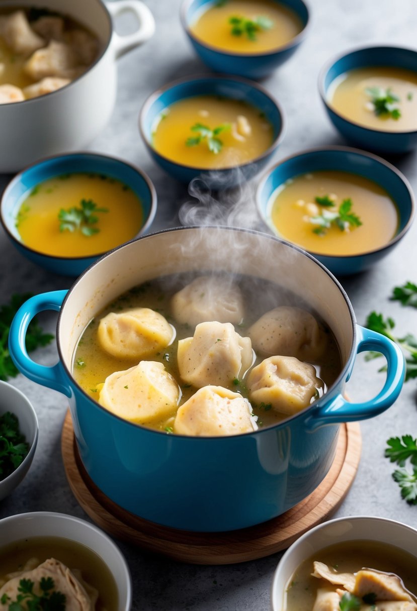 A steaming pot of chicken and dumplings surrounded by bowls of homemade chicken broth