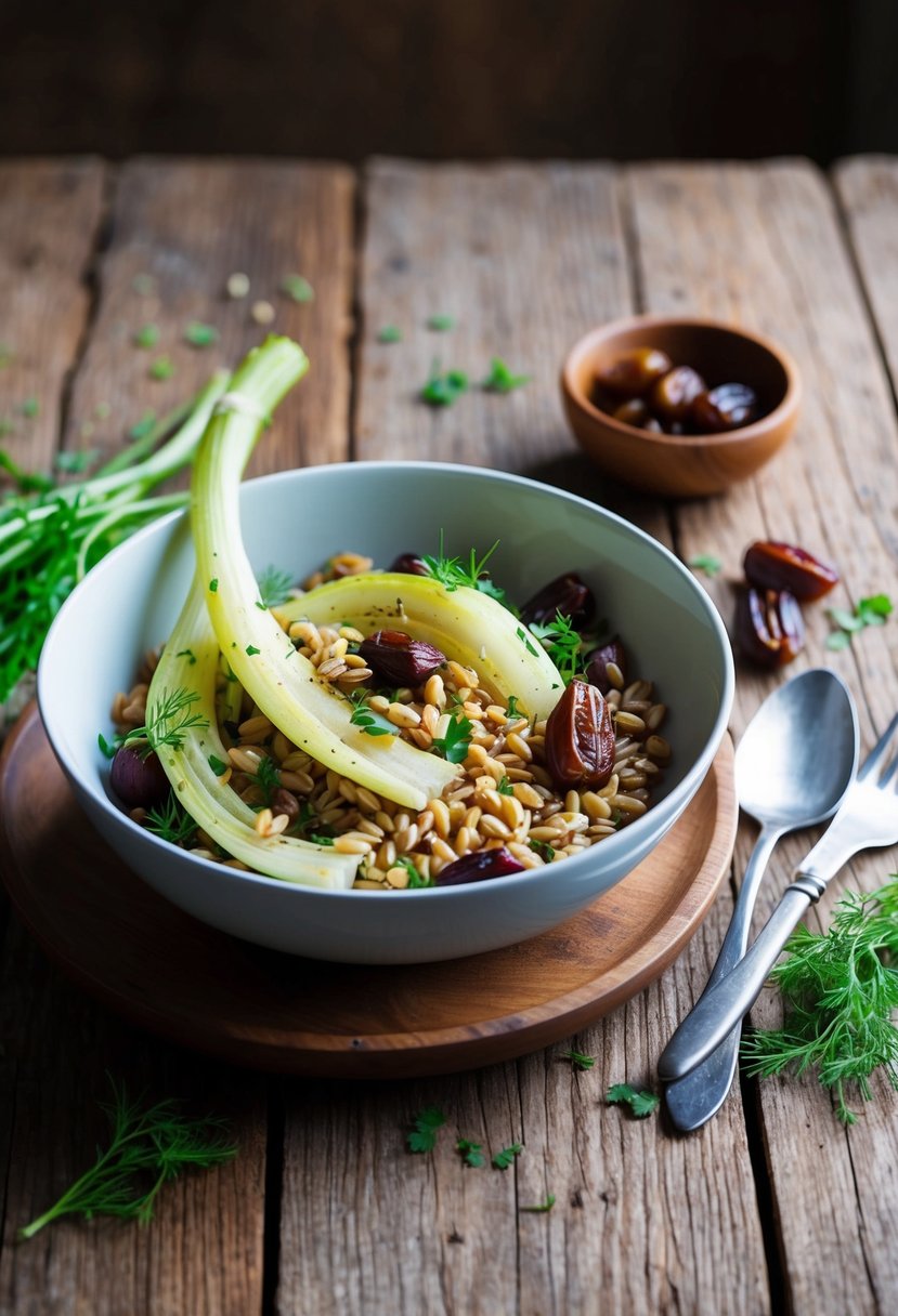 A rustic wooden table set with a bowl of roasted fennel and farro salad, scattered with chopped dates and fresh herbs