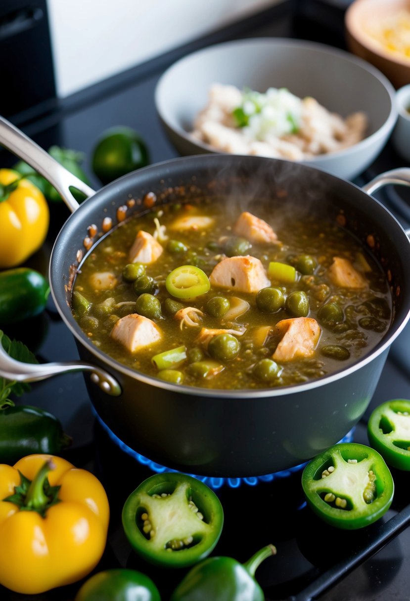 A bubbling pot of green chili simmering on a stovetop, surrounded by fresh ingredients like chicken, tomatillos, and jalapenos