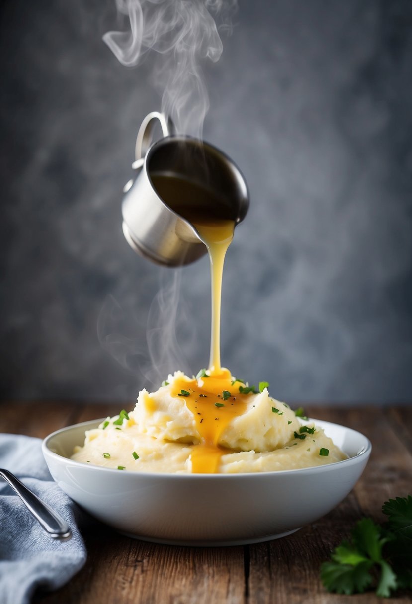 Creamy mashed potatoes being drizzled with rich chicken broth, steam rising from the dish