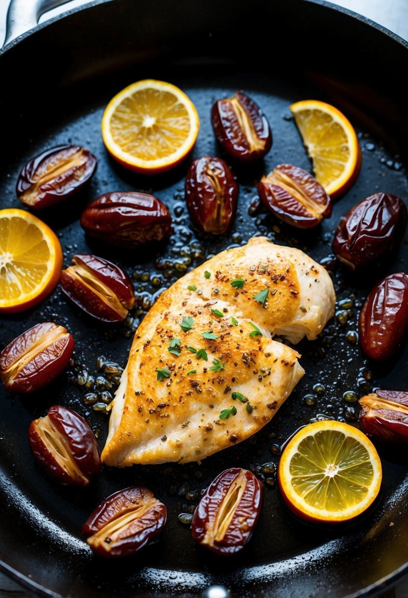 A sizzling chicken breast surrounded by sliced dates and citrus wedges in a hot skillet