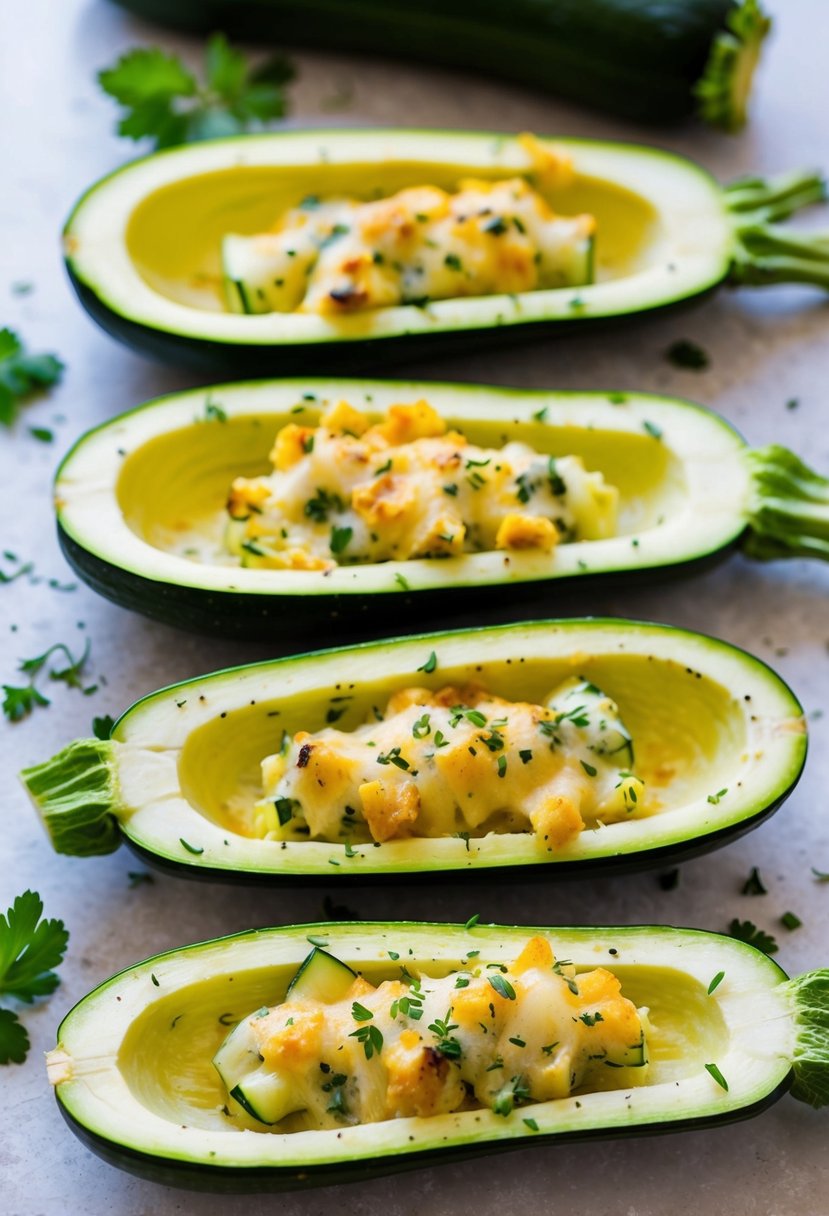 Fresh zucchinis halved and hollowed, filled with a cheesy, savory mixture. Sprinkled with herbs and ready for baking