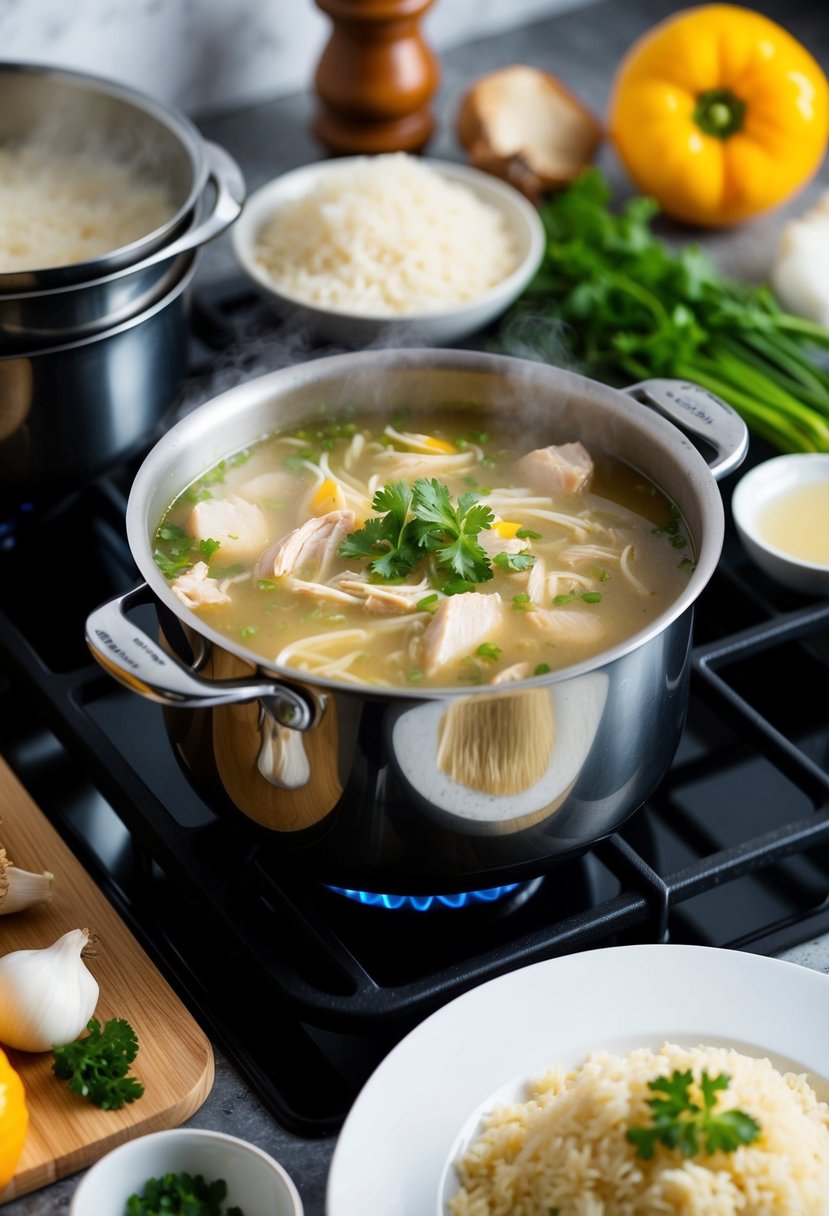 A steaming pot of chicken broth rice simmering on a stovetop, surrounded by fresh ingredients and cooking utensils