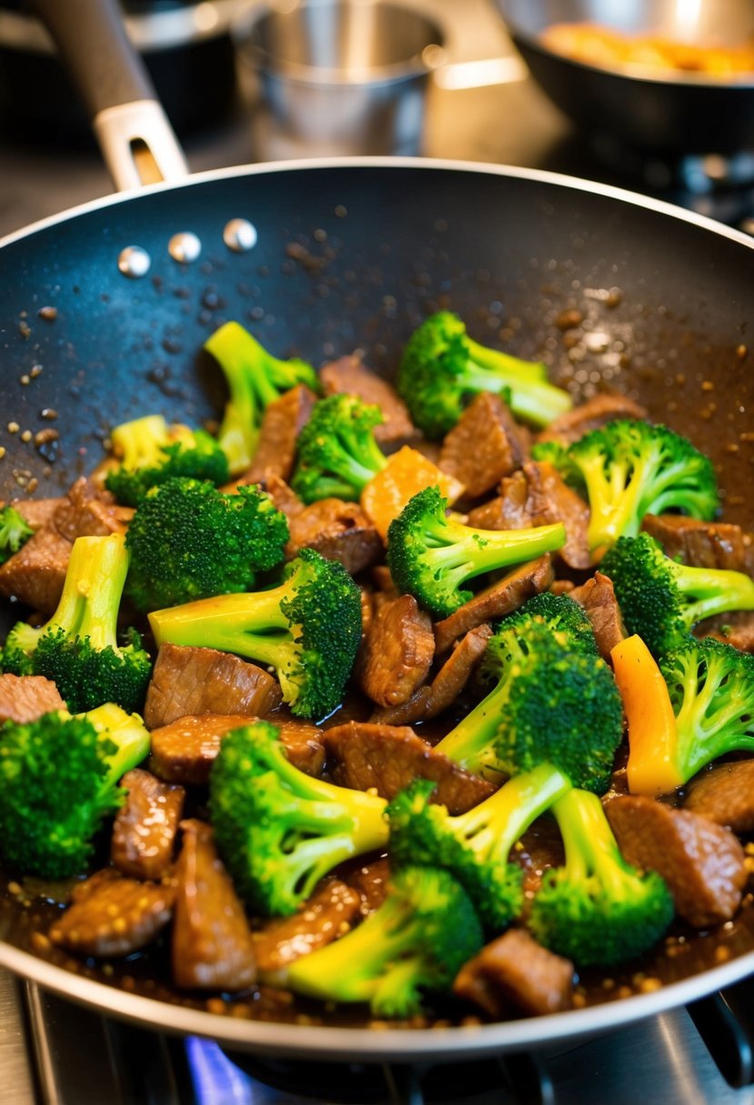 A sizzling beef stir-fry with vibrant green broccoli, glistening in a savory sauce in a sizzling hot wok