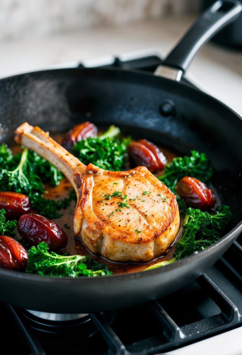 A sizzling pork chop with kale and dates cooking in a skillet on a stovetop