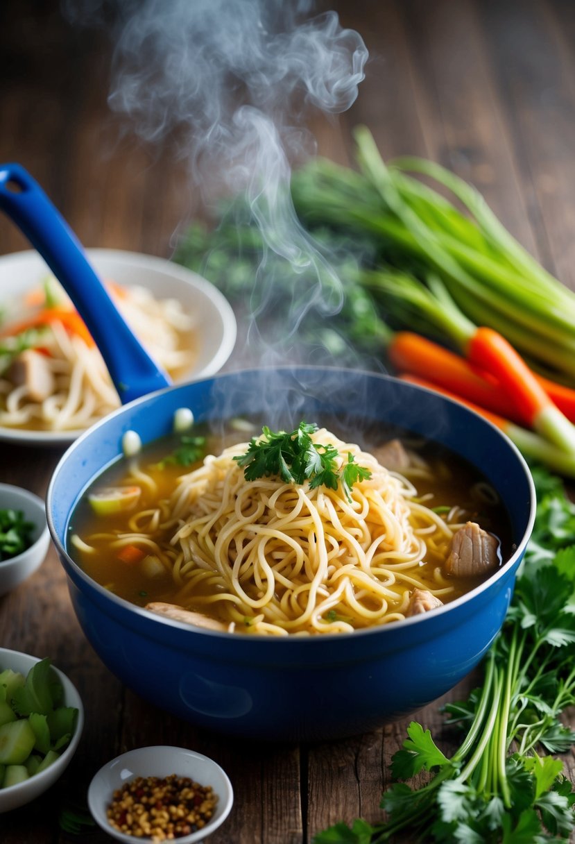 A steaming pot of pancit noodles simmering in a fragrant chicken broth, surrounded by fresh vegetables and herbs