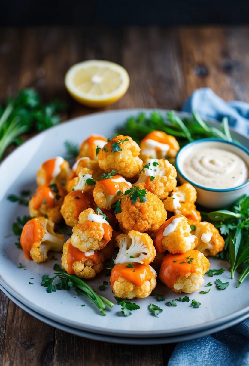 A platter of crispy cauliflower bites coated in buffalo sauce, garnished with fresh herbs and served with a side of creamy dipping sauce