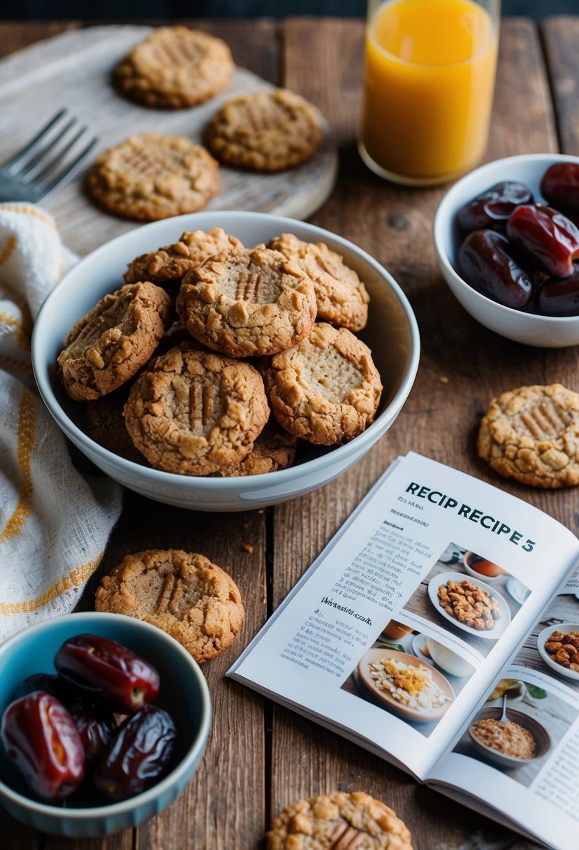 A rustic kitchen scene with a wooden table filled with sweet and nutty date cookies, a bowl of dates, and a recipe book open to a page featuring date recipes