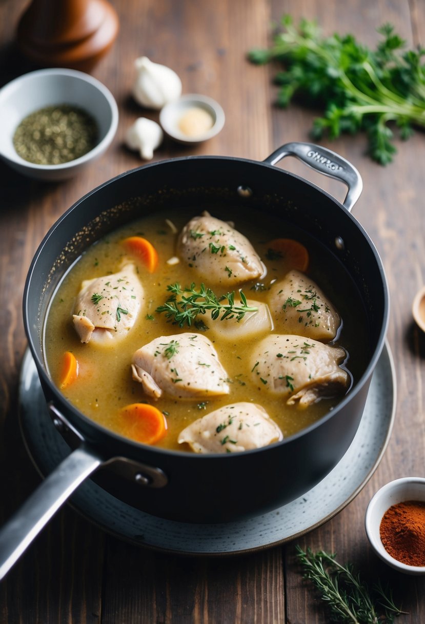 A pot of simmering chicken broth gravy with herbs and spices