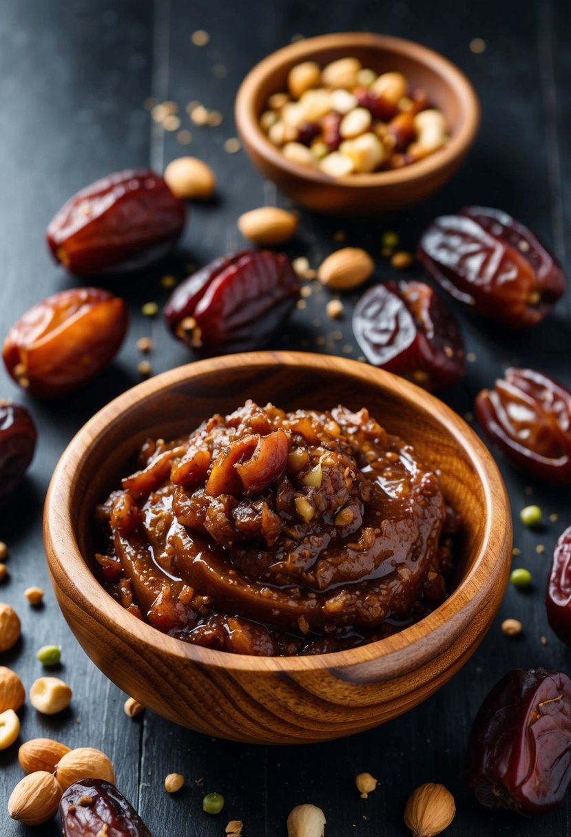 A wooden bowl filled with mashed dates, surrounded by whole dates and a scattering of nuts and spices