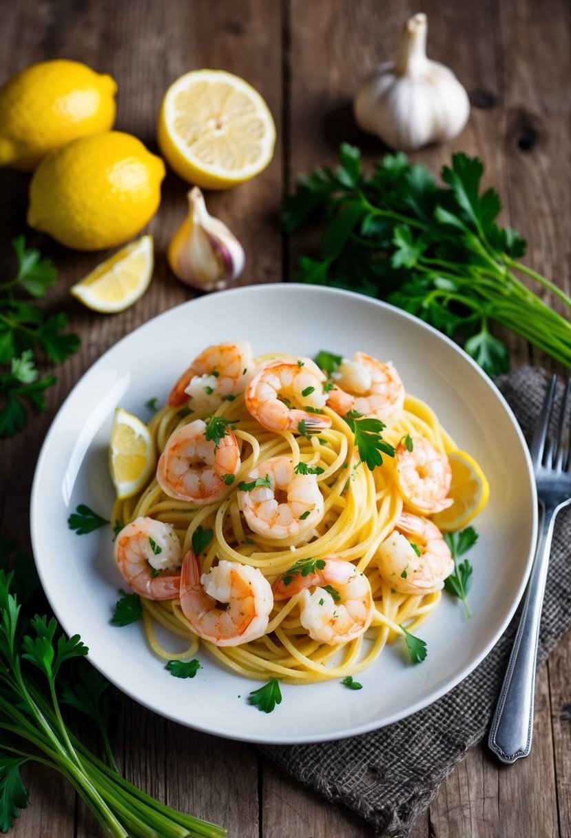 A plate of Lemon Garlic Shrimp Pasta on a rustic wooden table, surrounded by fresh ingredients like lemons, garlic, and parsley