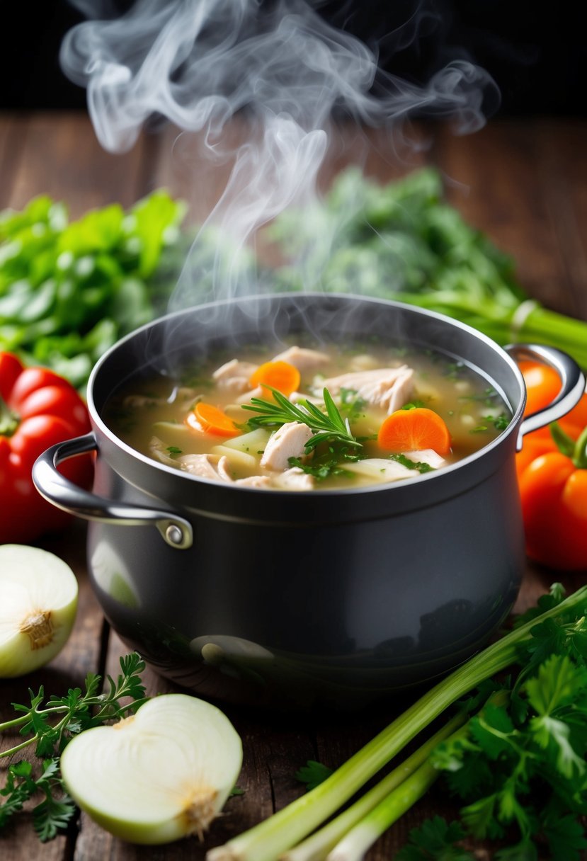 A steaming pot of chicken soup surrounded by fresh vegetables and herbs