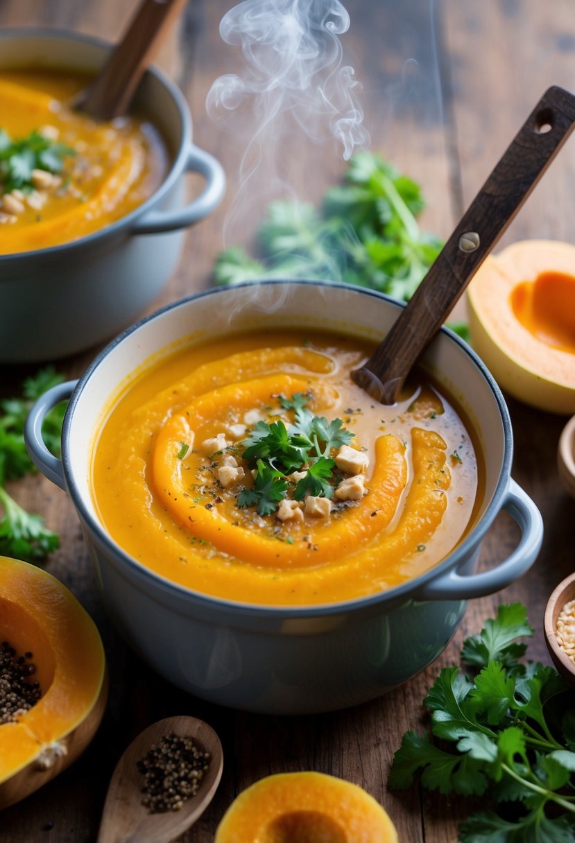 A steaming pot of butternut squash soup surrounded by fresh ingredients and a rustic wooden spoon