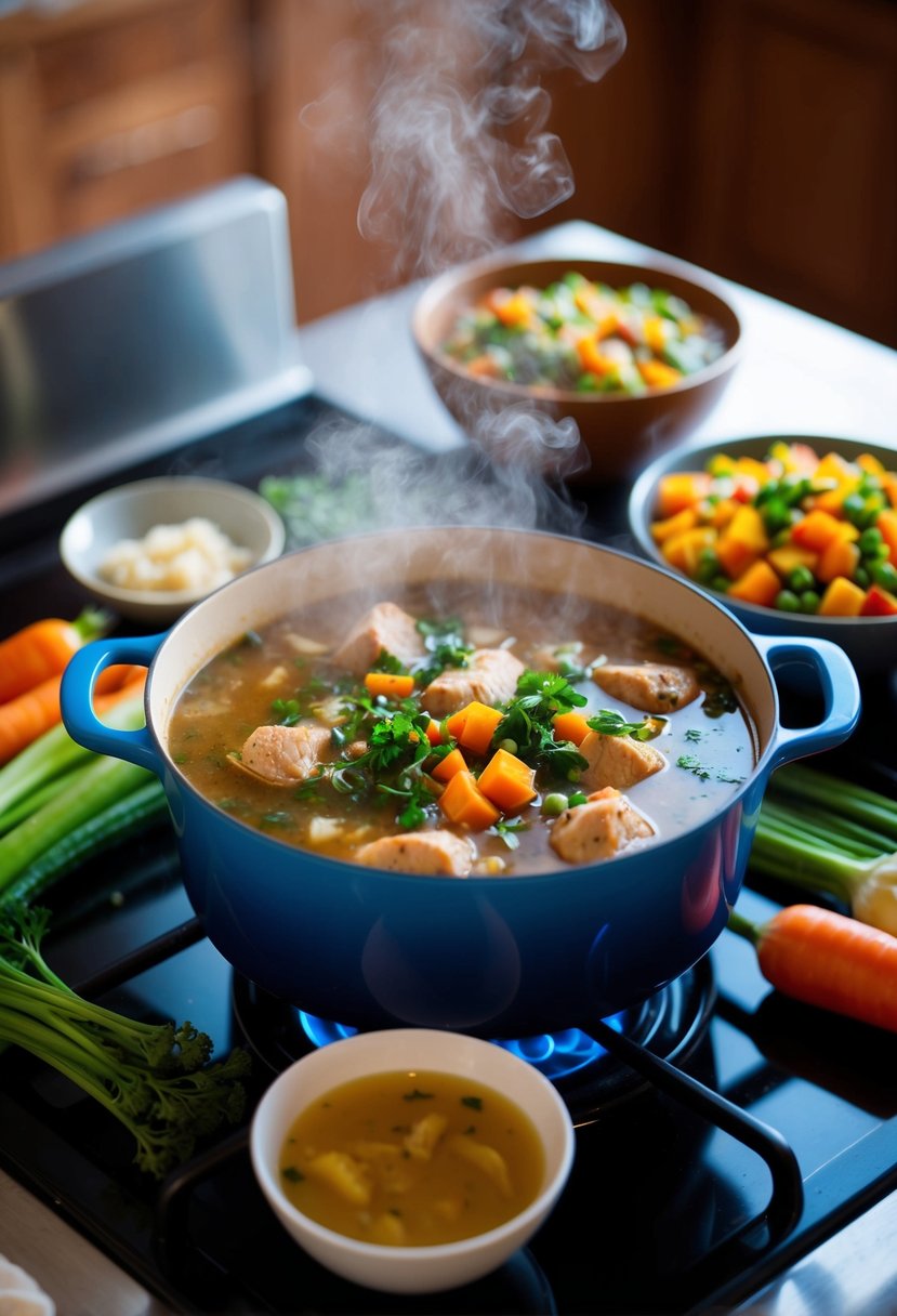 A steaming pot of Hoppin' John simmering on a stove, surrounded by colorful vegetables and a bowl of savory chicken broth