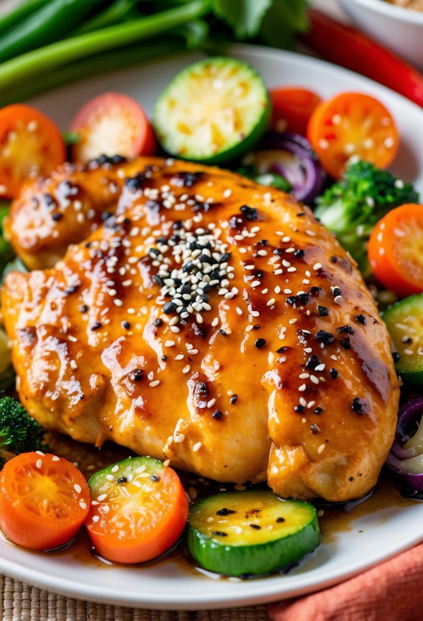 A sizzling teriyaki chicken breast, glazed and golden brown, surrounded by colorful vegetables and a sprinkle of sesame seeds on a white plate