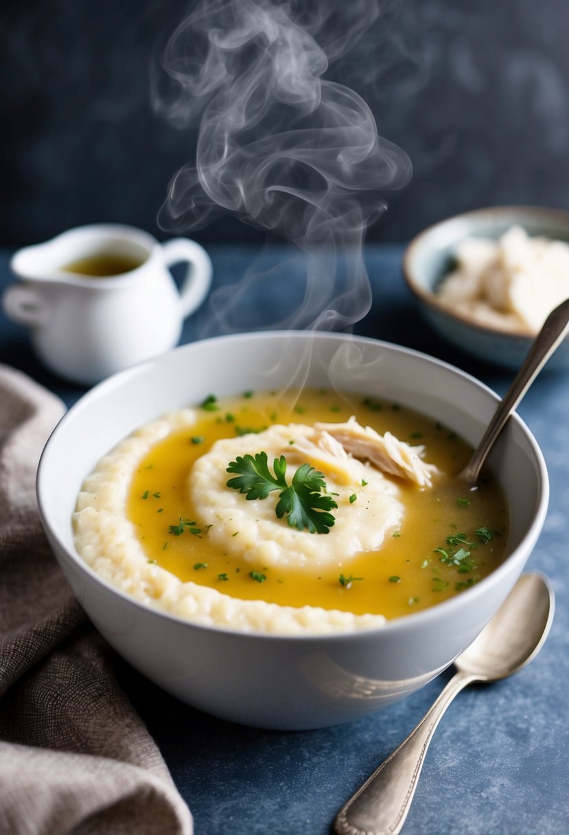 A steaming bowl of chicken broth grits, with a spoon resting on the side