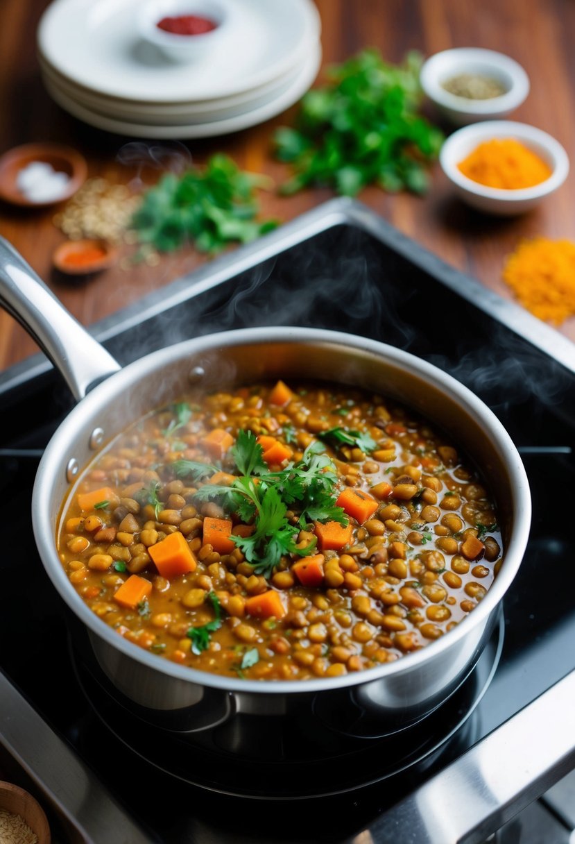 A steaming pot of vegetarian lentil curry simmering on a stovetop, with colorful spices and fresh herbs scattered around