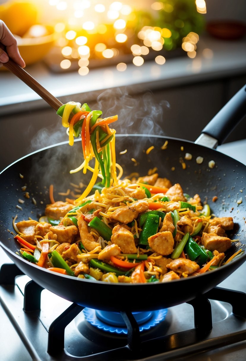 A sizzling wok filled with colorful stir-fry ingredients being tossed in a savory chicken broth