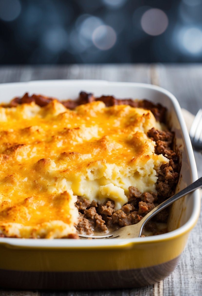 A bubbling casserole dish filled with layers of seasoned ground meat, creamy mashed potatoes, and golden-brown crust. A fork rests on the side