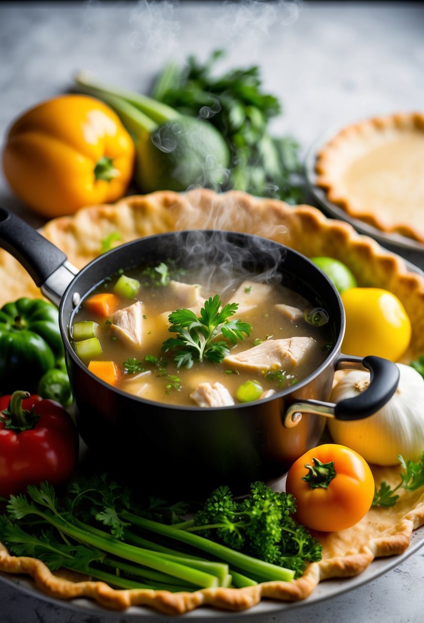 A bubbling pot of chicken broth surrounded by fresh vegetables and a golden-brown pie crust