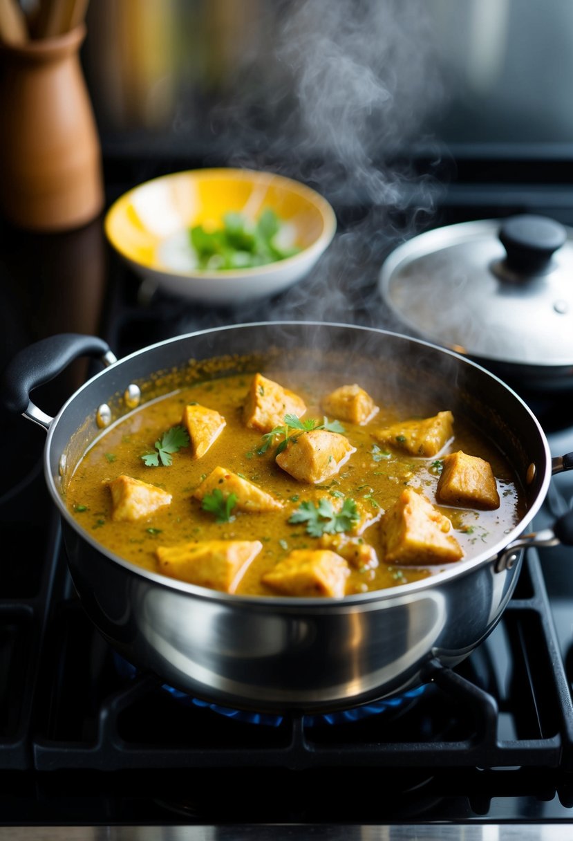 A steaming pot of curry simmers on the stove, filled with rich, aromatic chicken broth and tender chunks of chicken