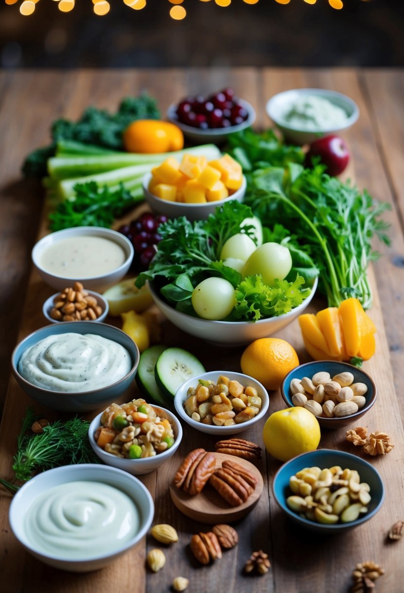 A wooden table topped with assorted fresh winter vegetables, fruits, nuts, and a variety of salad dressings