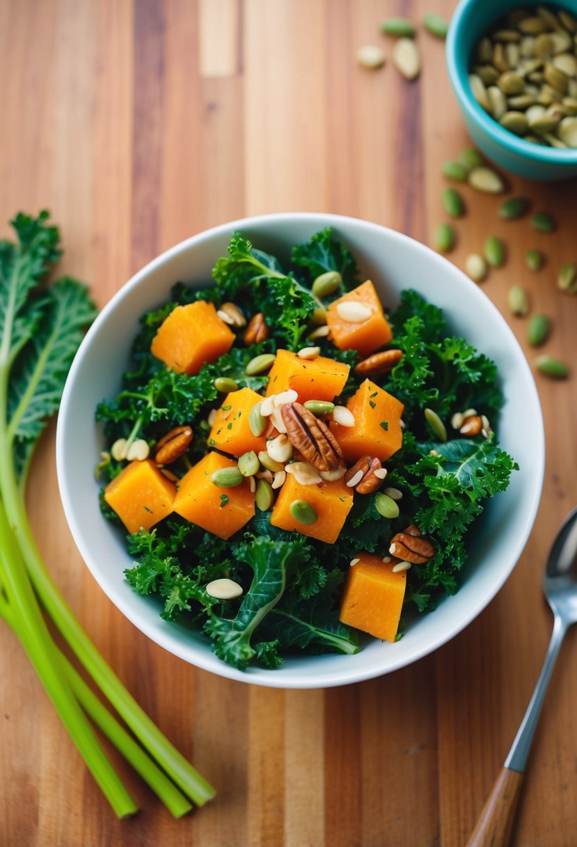 A colorful bowl of kale and butternut squash salad with vibrant greens and orange hues, topped with nuts and seeds