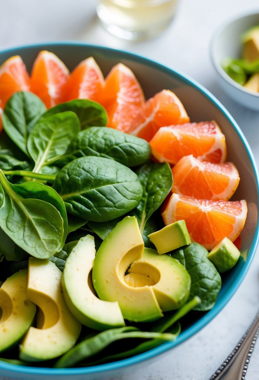 A colorful salad bowl with spinach, grapefruit slices, and avocado chunks arranged in a visually appealing pattern